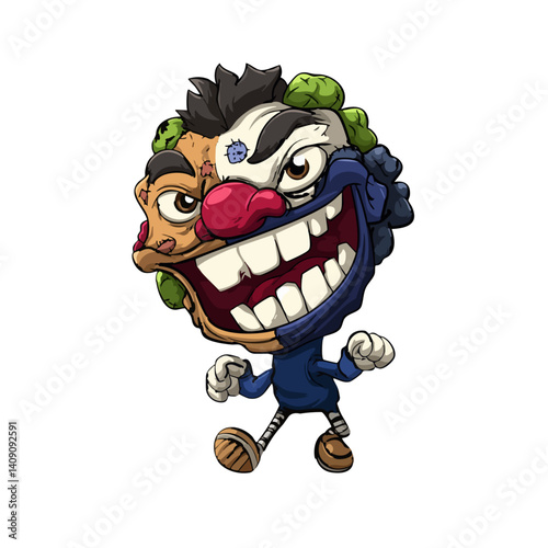 A bizarre vector illustration of a clown monster with patchwork skin and a twisted grin