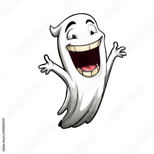 A cheerful vector illustration of a laughing ghost with a translucent body and a wide grin