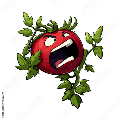 A comical vector illustration of a screaming tomato with a panicked face and flailing vines