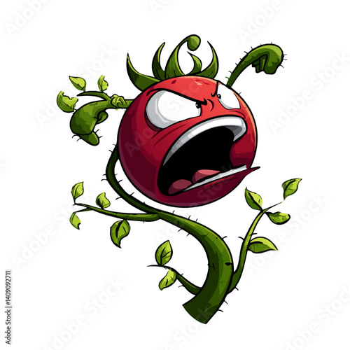 A comical vector illustration of a screaming tomato with a panicked face and flailing vines