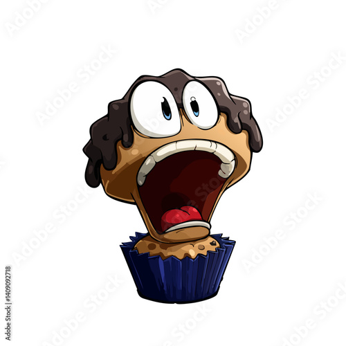 A comical vector illustration of a screaming cupcake with a panicked face and melting frosting