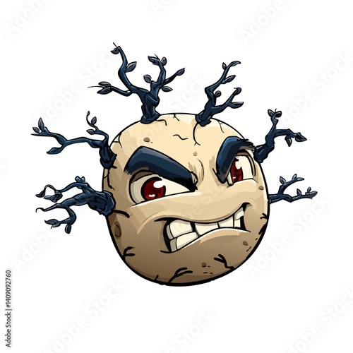 A creepy vector illustration of an evil potato with dark sprouts and a sinister grin