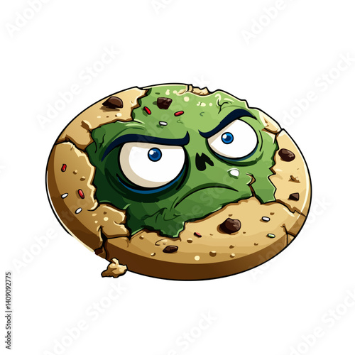 A decaying vector illustration of a zombie cookie with cracked frosting and undead sprinkles