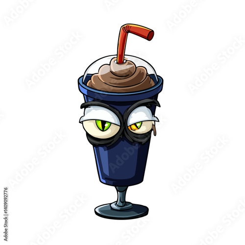 A creepy vector illustration of a monster milkshake with swirling eyes and a sinister straw