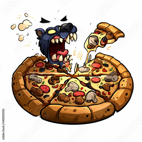 A ferocious vector illustration of a werewolf pizza with meaty toppings and a howling crust
