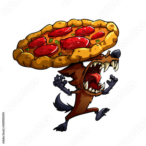 A ferocious vector illustration of a werewolf pizza with meaty claws and a howling crust