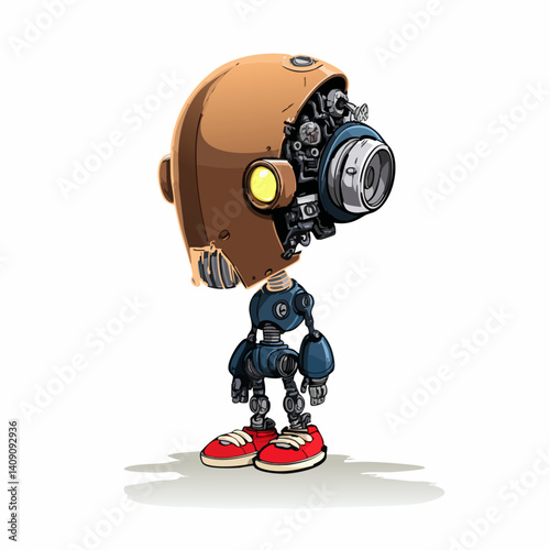 A futuristic vector illustration of a one-eyed robot with rusted metal and flickering circuits