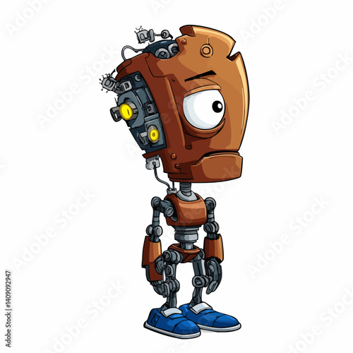 A futuristic vector illustration of a one-eyed robot with rusted metal and flickering circuits