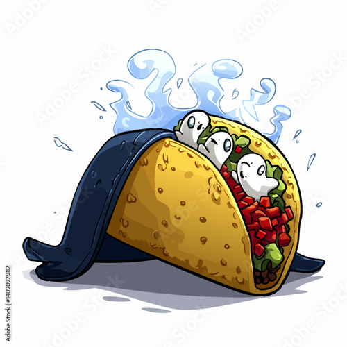 A ghostly vector illustration of a spectral taco with wispy fillings and floating salsa