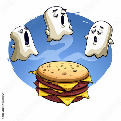 A ghostly vector illustration of a spectral hamburger with floating patties and translucent cheese