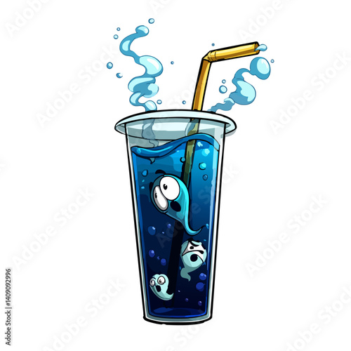 A ghostly vector illustration of spectral soda with floating bubbles and a wispy straw