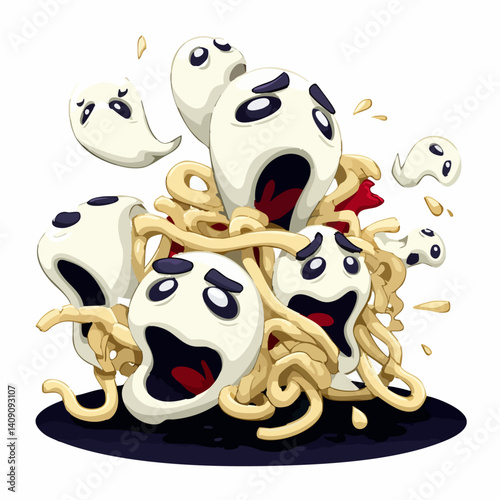 A haunting vector illustration of spooky pasta with writhing noodles and ghostly sauce