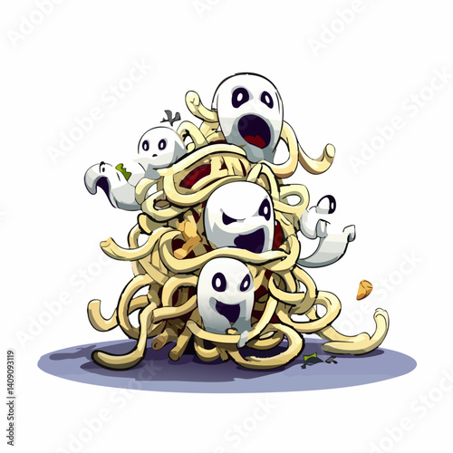 A haunting vector illustration of spooky pasta with writhing noodles and ghostly sauce