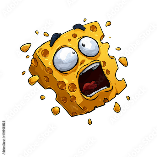A hilarious vector illustration of screaming cheese with a panicked expression and melting edges