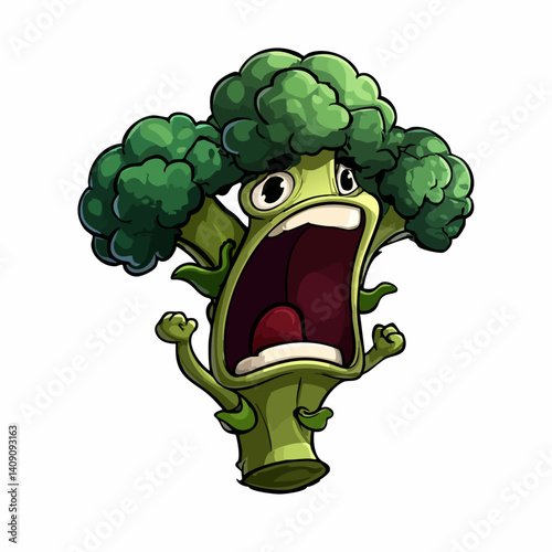 A hilarious vector illustration of screaming broccoli with a terrified face and flailing stems