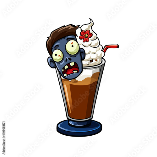 A horrifying vector illustration of a zombie milkshake with oozing brew and undead whipped cream