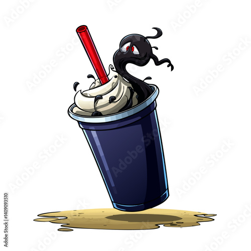 A sinister vector illustration of an evil milkshake with swirling darkness and a cursed straw