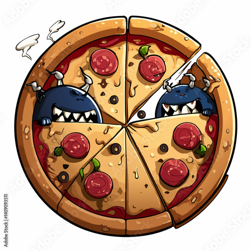 A sinister vector illustration of an evil pizza with demonic toppings and a cursed crust