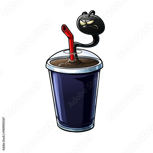 A sinister vector illustration of an evil milkshake with swirling darkness and a cursed straw