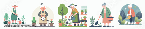 Vector collection of a grandmother taking care of plants wearing a wide-brimmed hat and apron