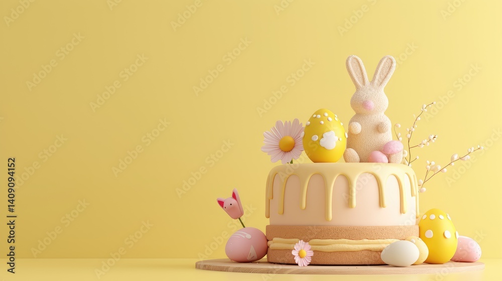 A two-layered Easter cake decorated with a bunny, eggs, and flowers sits on a wooden board against a yellow background.