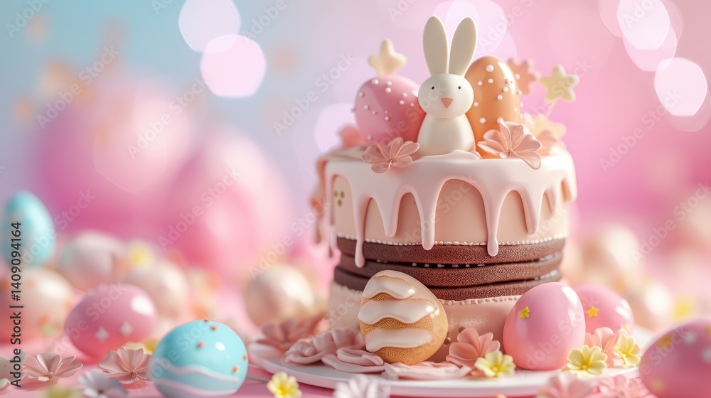 Pastel pink Easter cake decorated with a fondant bunny, pastel eggs, and flowers sits among other pastel eggs.