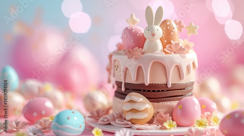 Obraz na płótnie Pastel pink Easter cake decorated with a fondant bunny, pastel eggs, and flowers sits among other pastel eggs. w salonie