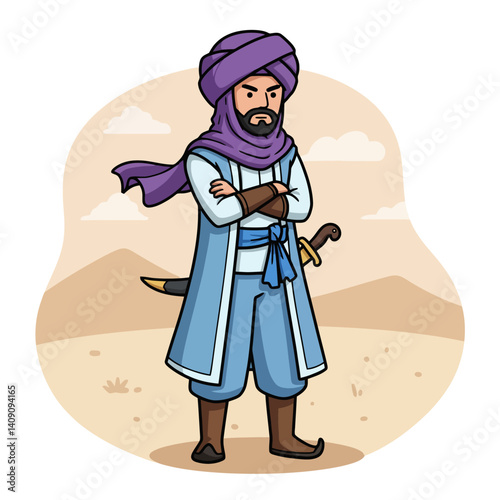 Cartoon Arabian Character Standing with Sword in Desert
