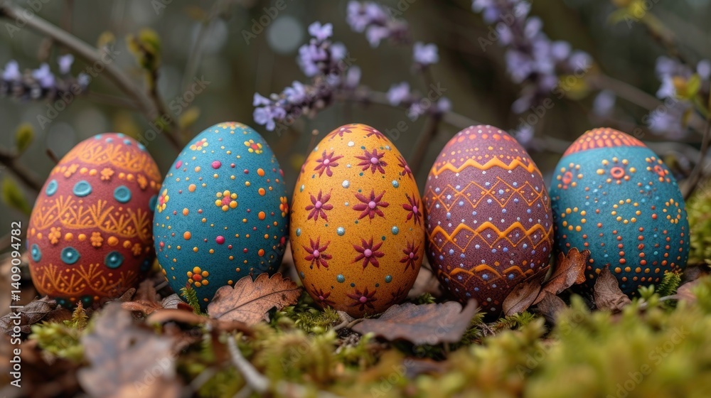 Four hand painted Easter eggs rest in a bed of moss and leaves