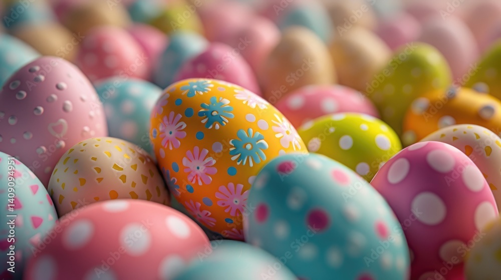 A close-up a collection of pastel-colored Easter eggs with various decorative patterns.