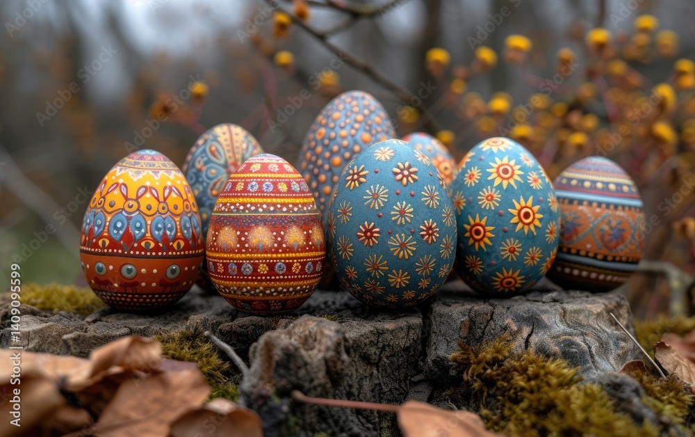 A group of intricately painted Easter eggs sits on a mossy tree stump outdoors, surrounded by autumn leaves.