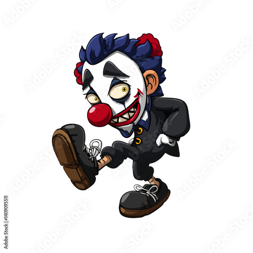 A terrifying vector illustration of a creepy clown with a twisted smile and oversized shoes