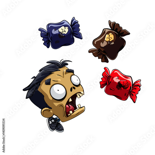 A terrifying vector illustration of zombie candy with cracked wrappers and undead gummies