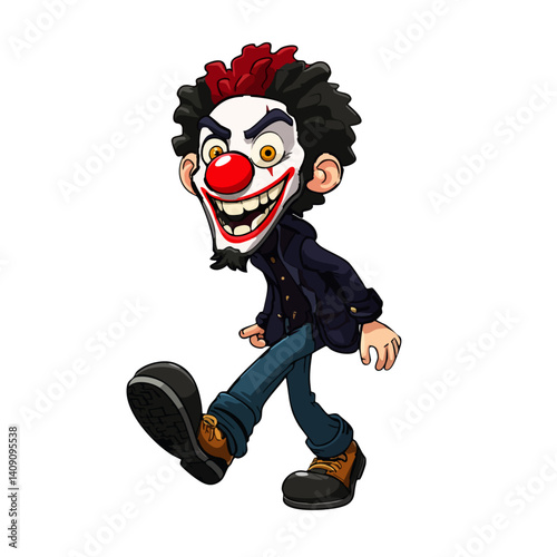 A terrifying vector illustration of a creepy clown with a twisted smile and oversized shoes