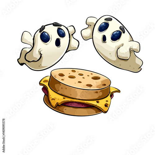 A whimsical vector illustration of a ghost burger with floating patties and spectral cheese