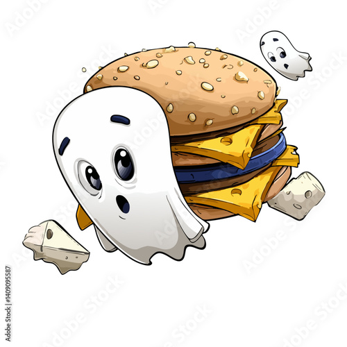 A whimsical vector illustration of a ghost burger with floating patties and spectral cheese