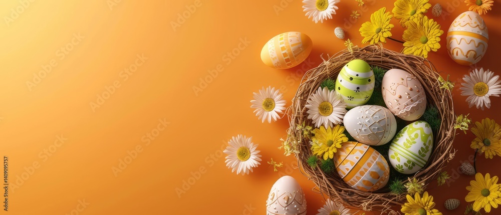 A nest filled with colorful decorated Easter eggs is surrounded by white and yellow daisies on an orange background.