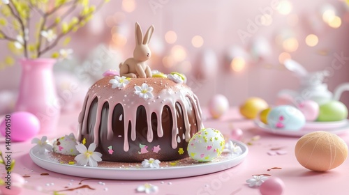 Obraz na płótnie A decadent chocolate easter cake adorned with a bunny, pastel eggs, and delicate flowers sits on a pink table. w salonie