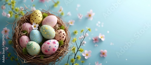 Obraz na płótnie Decorated pastel Easter eggs rest in a bird's nest surrounded by delicate spring blossoms on a light blue background. w salonie