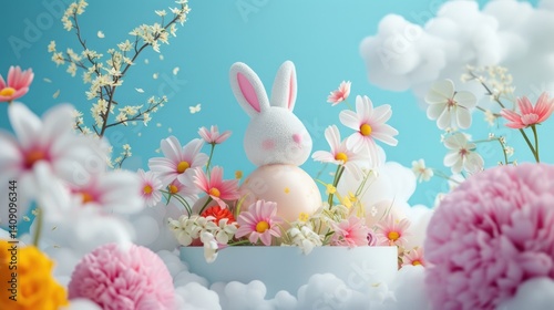 A cute Easter bunny sits atop a pastel egg surrounded by a vibrant arrangement of spring flowers and fluffy clouds against a light blue background.