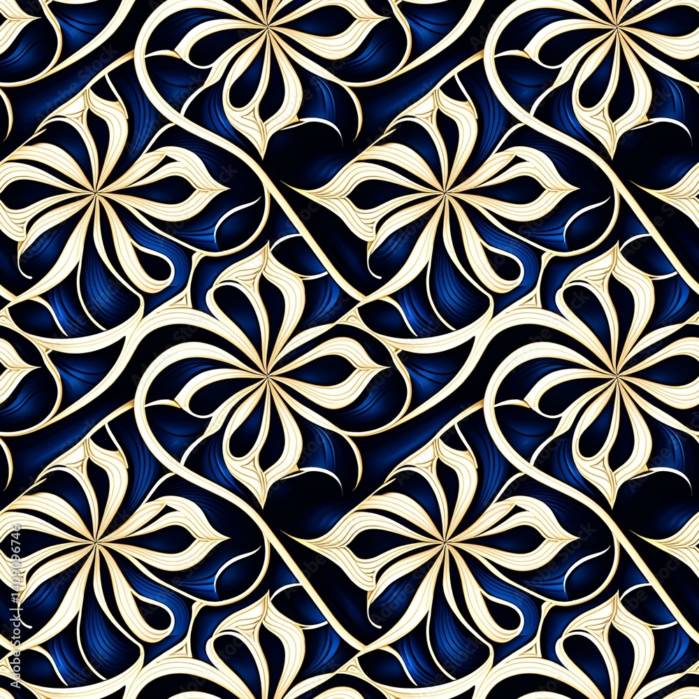 Fototapeta premium A blue and gold floral pattern on a black background.