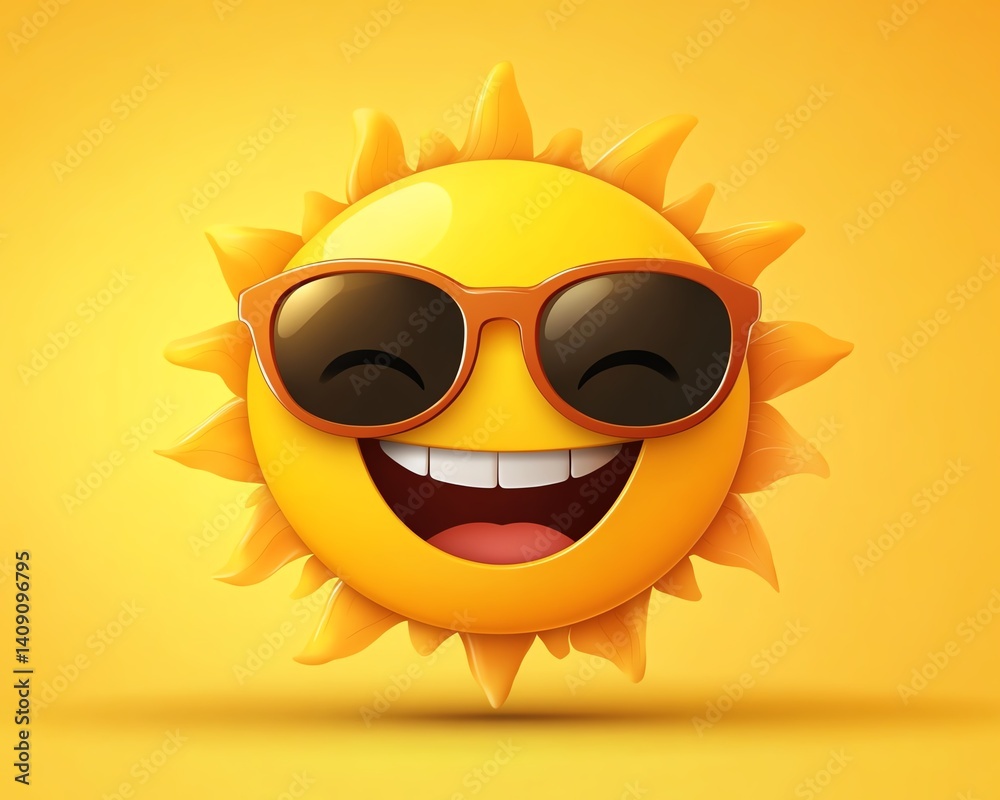 Smiling sun wearing sunglasses, yellow backdrop, bright and playful design, summer vibes, fun and lively atmosphere, vector art for promotional use Smiling sun wearing sunglasses, yellow backdrop, bright and playful design, summer vibes, fun and lively atmosphere, vector art for promotional use