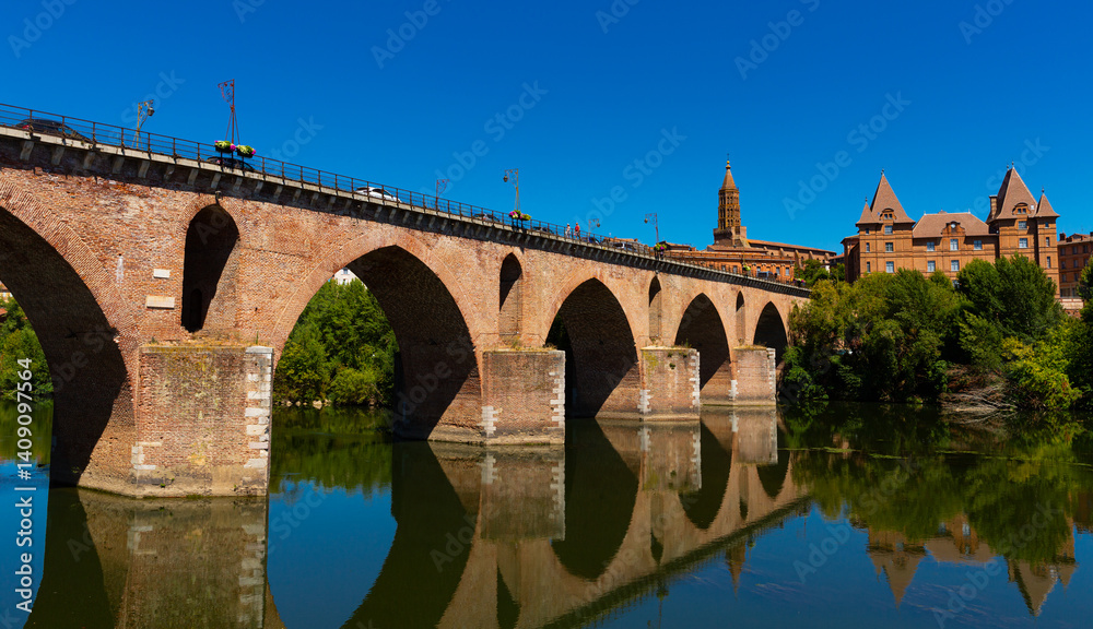 Montauban with bridge and river Tarn in Tarn-et-Garonne department, Occitanie region in southern France