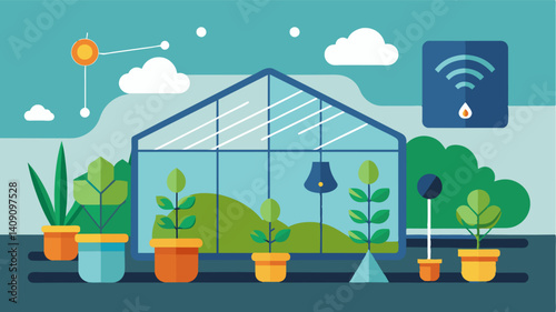 Smart sensors that detect changes in temperature and adjust humidity levels accordingly ensuring a consistently ideal environment inside the greenhouse.. Vector illustration