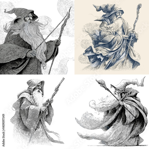 Vintage-style black and white illustrations of old wizards with staffs and flowing robes, ideal for fantasy art, mythology stories, magical characters, or classic folklore designs.

