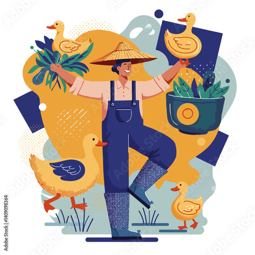 Person Tending Ducks and Plants with Happy Expression