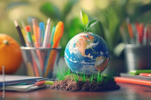 Earth sprouting new life amidst school supplies.