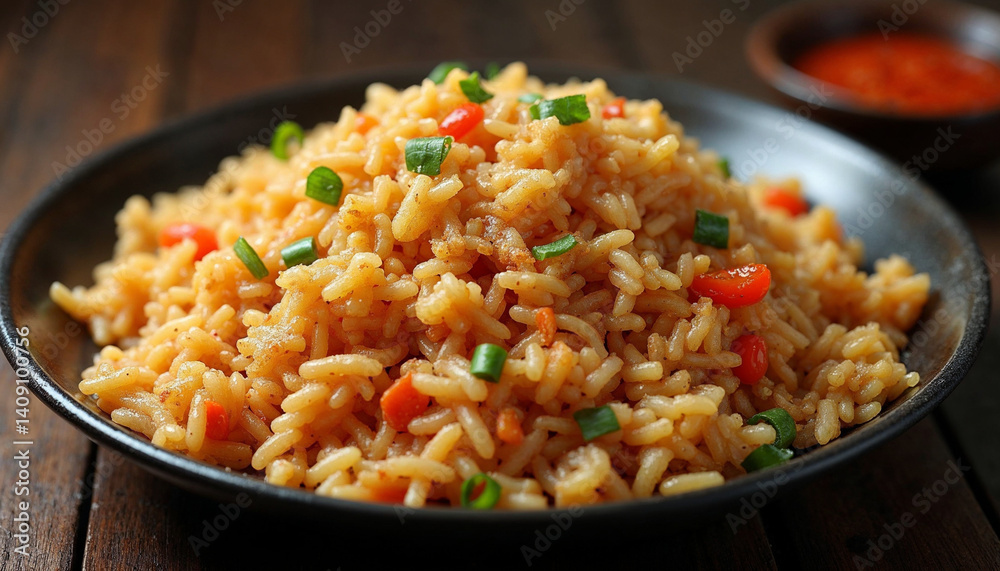 Steaming bowl of vegetable rice with chapati and sesame seeds garnished with coriander Steaming bowl of vegetable rice with chapati and sesame seeds garnished with coriander