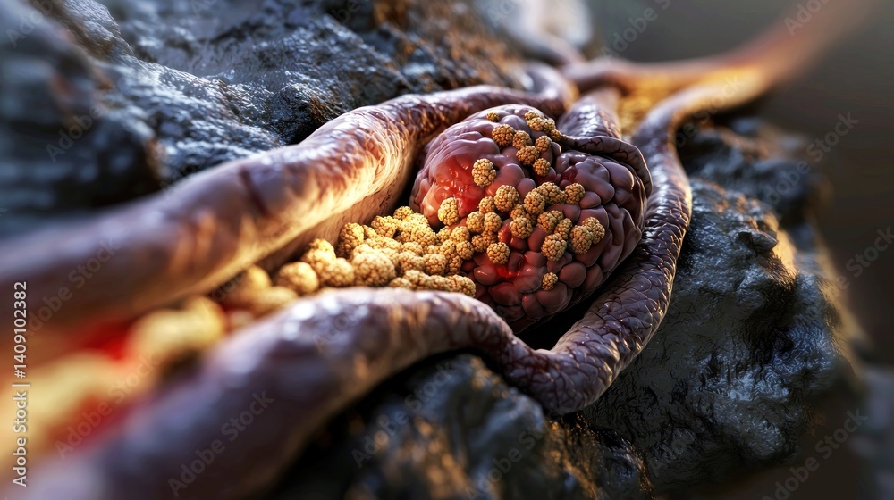 Fototapeta premium Neurological tumor on nerve tissue, rocky surface background