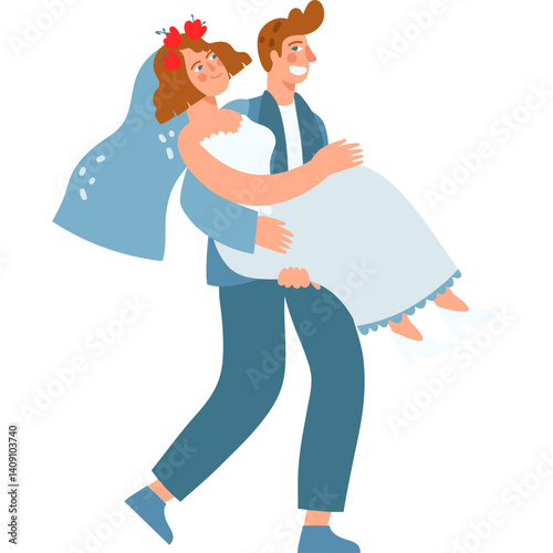 vector illustration of a bride and groom. The groom is carrying his bride for newly web couple